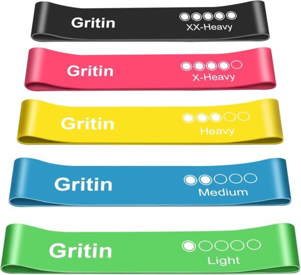 Gritin Resistance Bands Set of 5 - 5 Strength Levels with Carry Bag